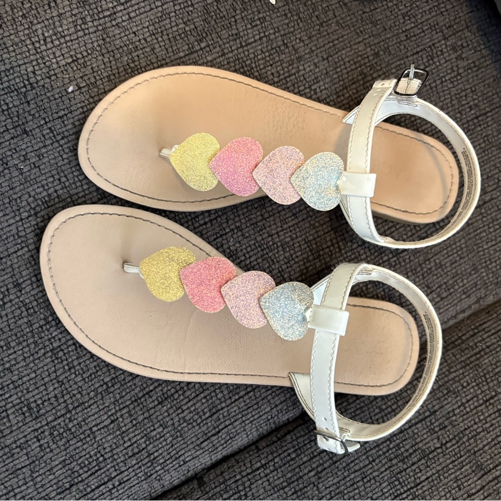 White T-Strap Sandals with Glitter Heart Accents